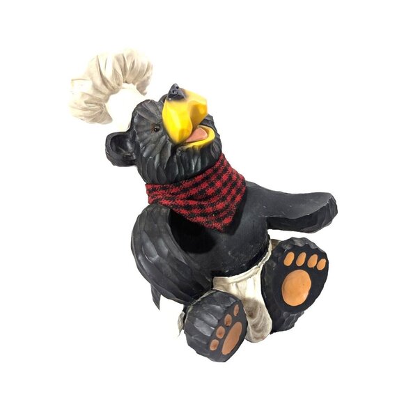 Chef Black Bear Wine Bottle Holder Hat Apron Buffalo Fabric Red Black Scarf 8-in - Picture 5 of 7